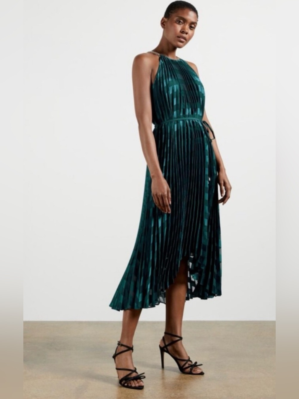 Ted Baker Women's Green Pleated Halter-Neck MIDI  Dress Size 3